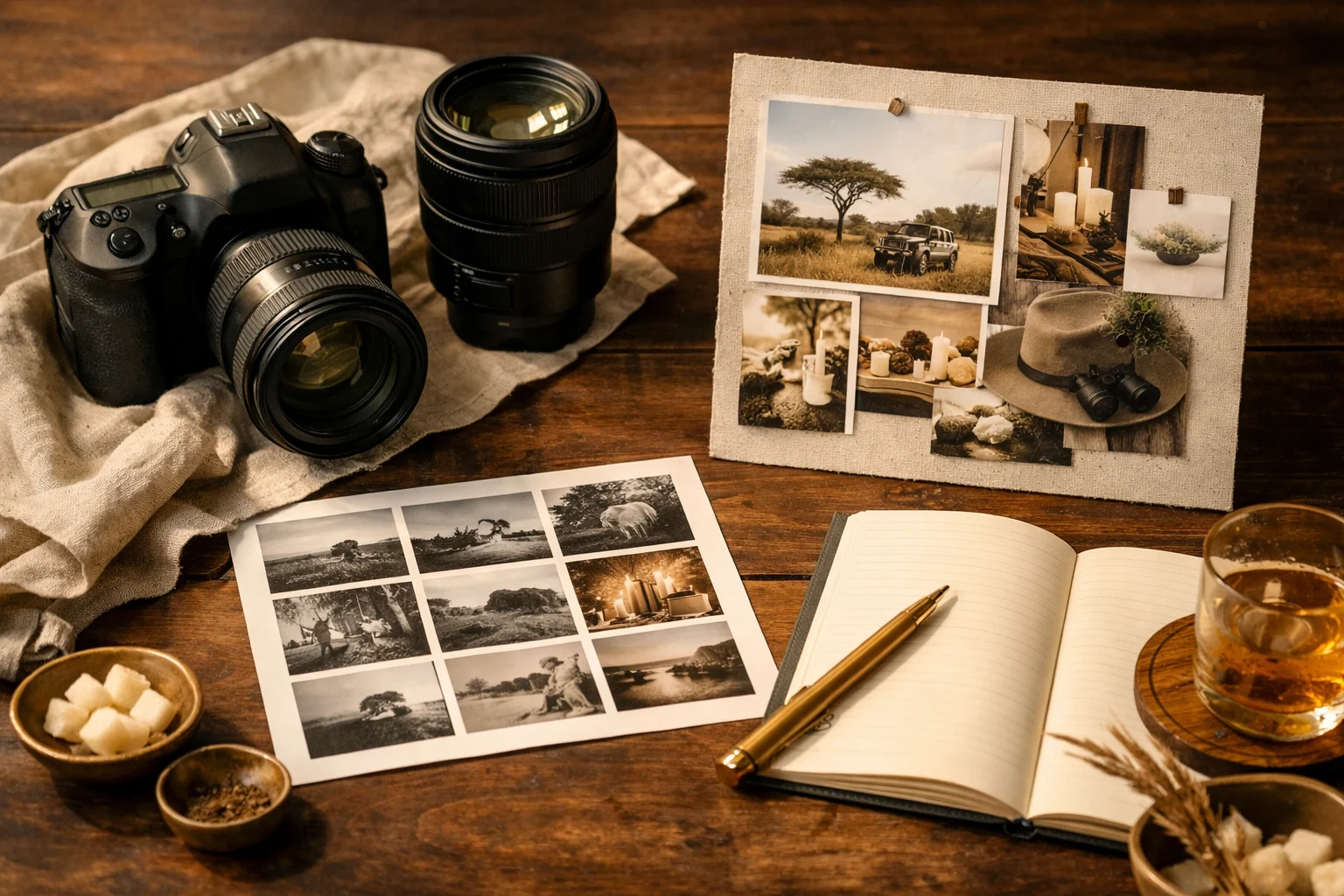 A premium photography workshop planning table with cameras, notes, and travel materials