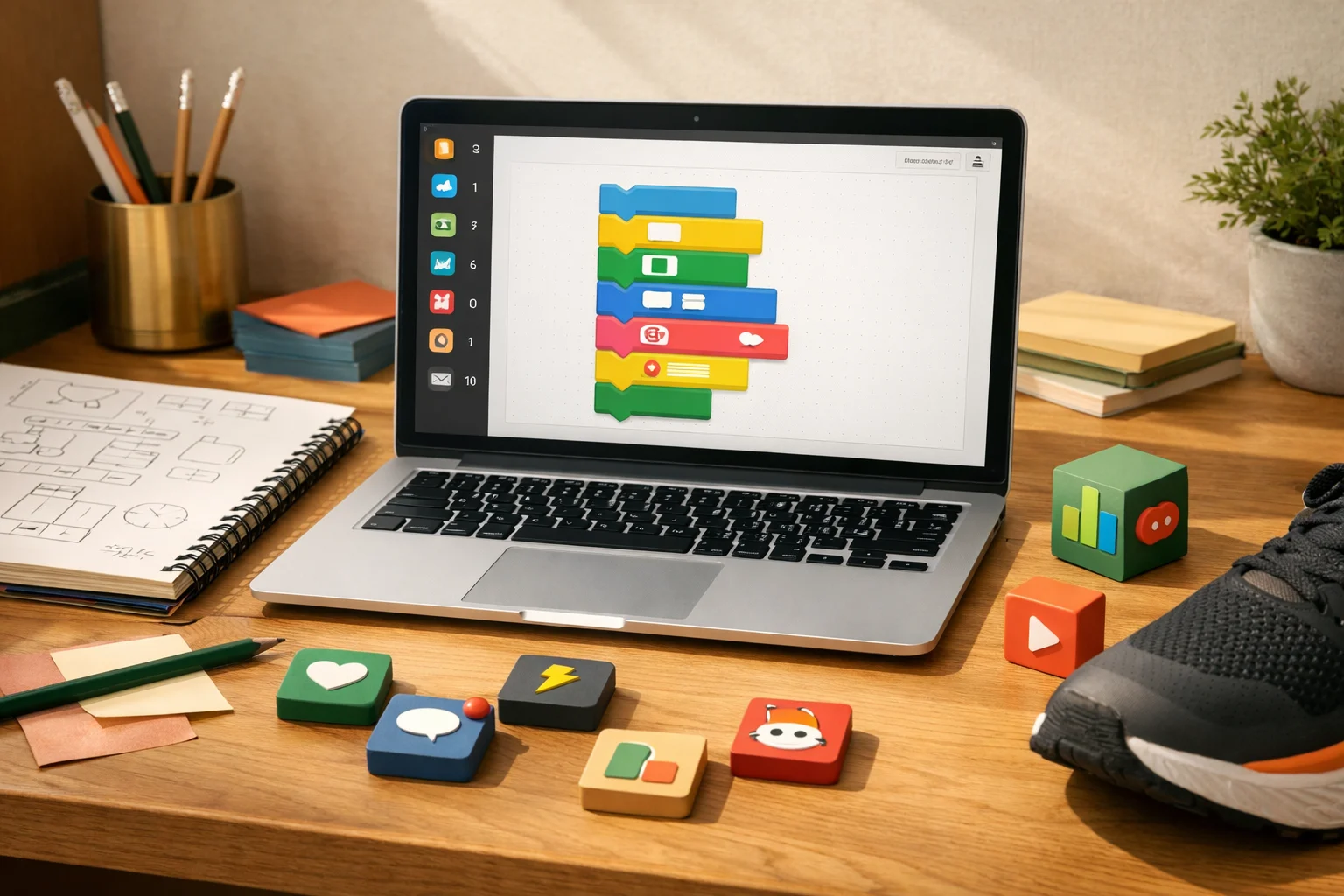 Colorful app-building materials for a teen AI class