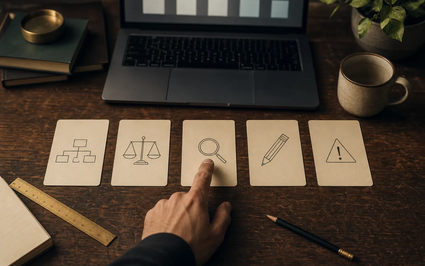 A clear task card beside a laptop showing a conversational AI workspace