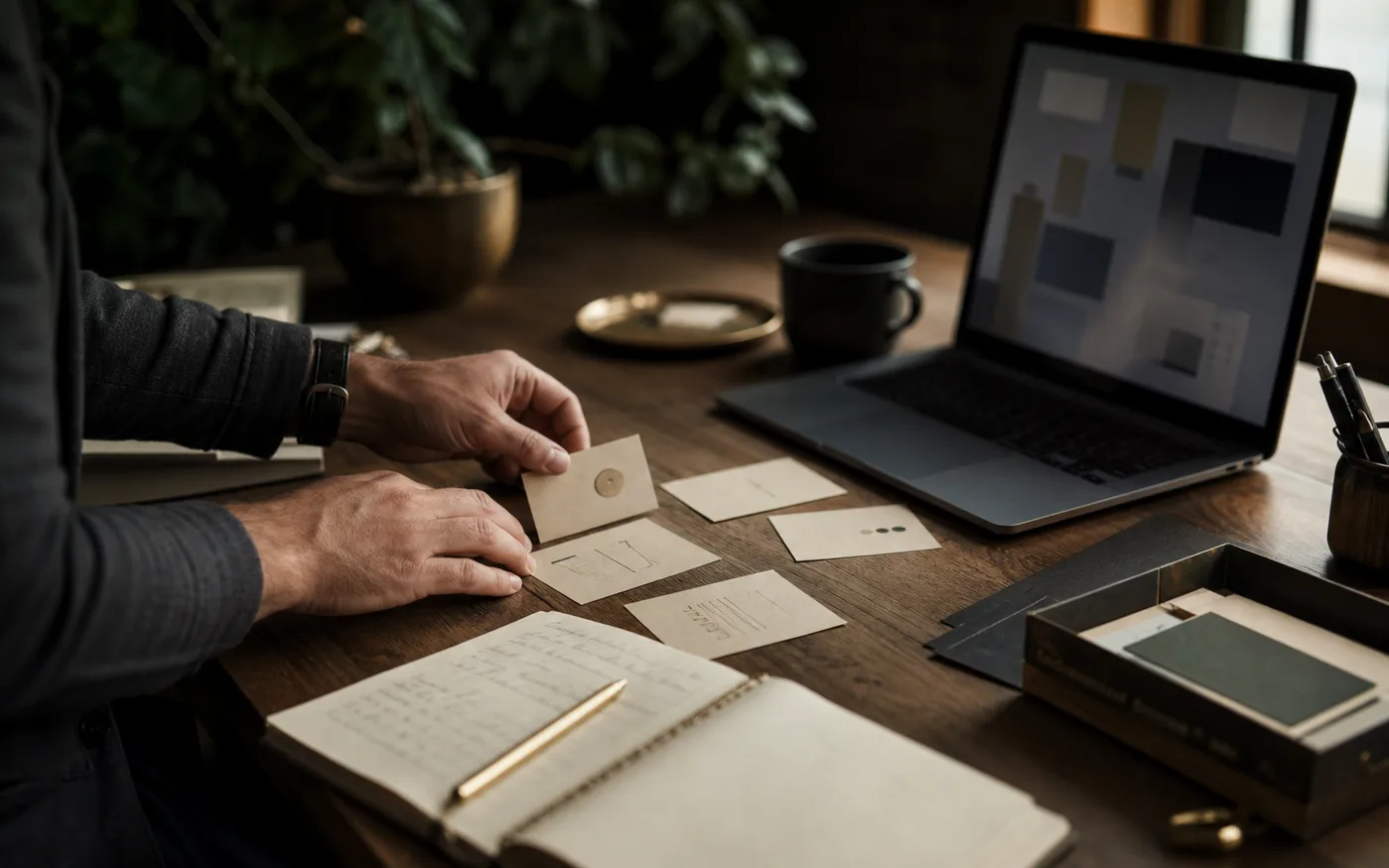 Warm editorial scene of a desk with notes, laptop, and decision cards