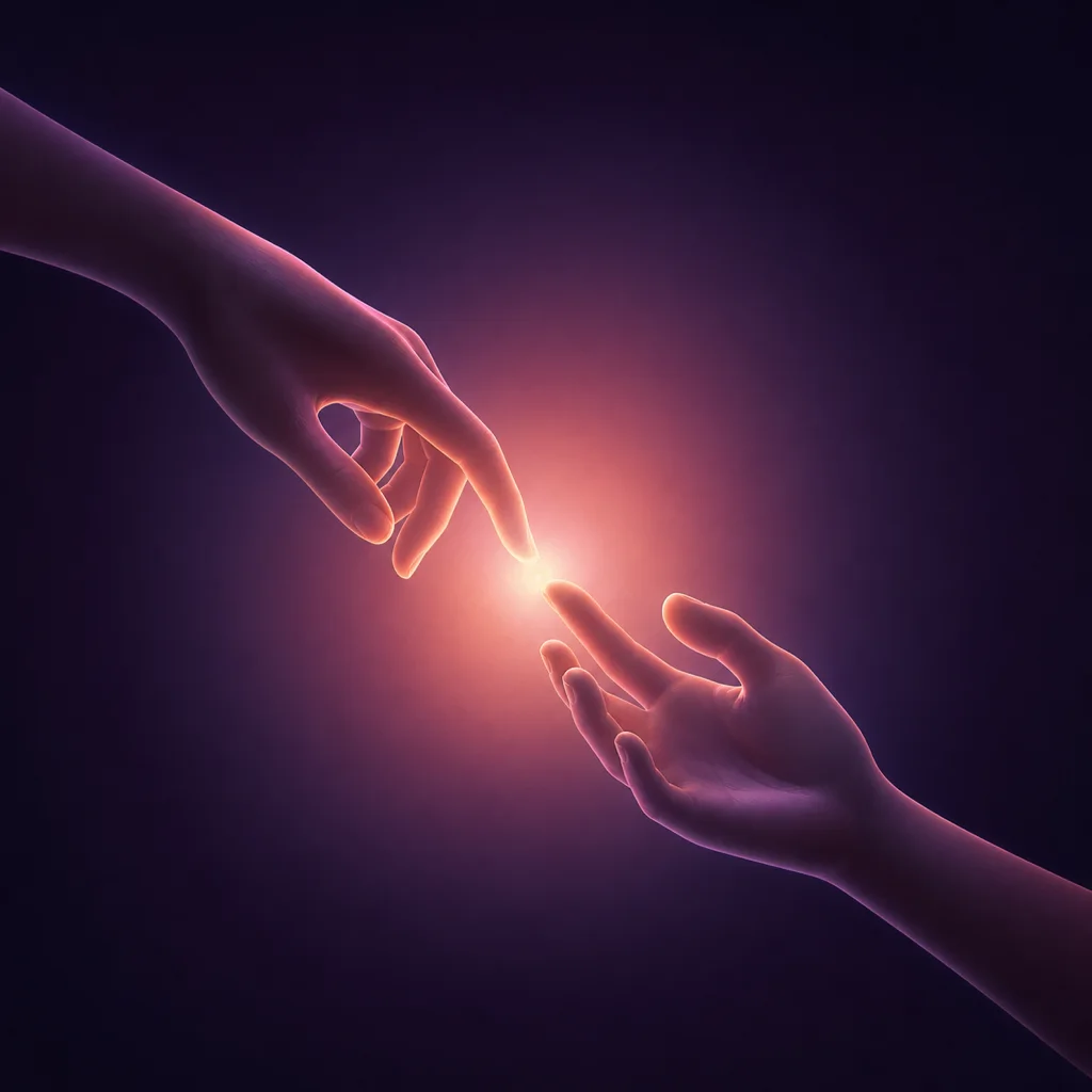 Two hands reaching toward the same point of warm light