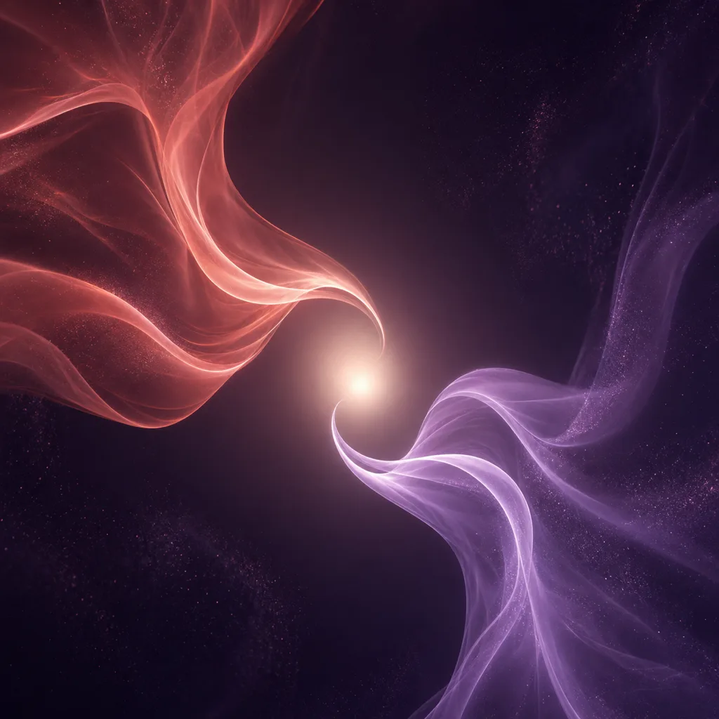Two luminous ribbons moving toward one shared point