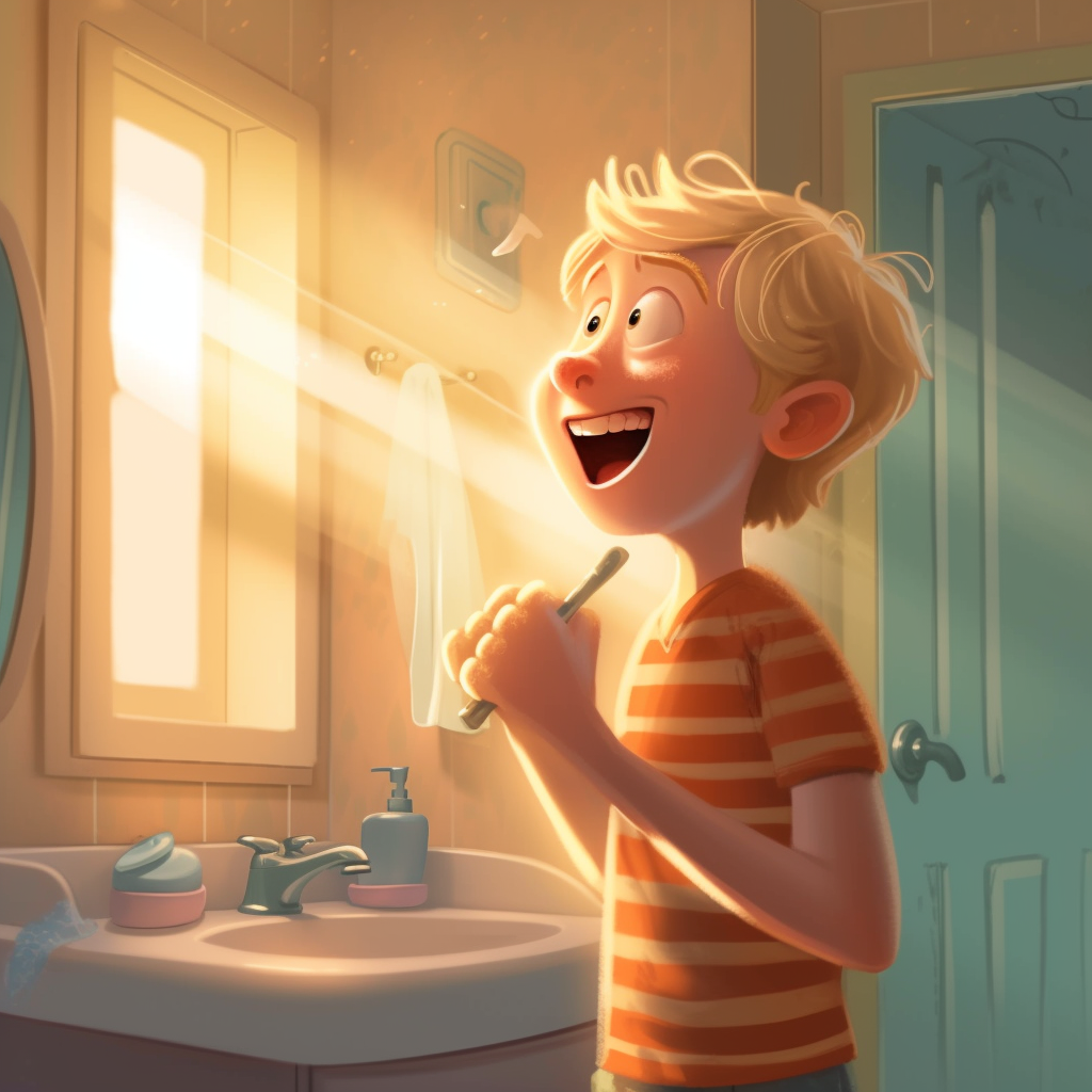 a pixar cartoon of a young blonde haired boy happily reciting a poem in front of a mirror after brushing his teeth with a sunrise in the bathroom window