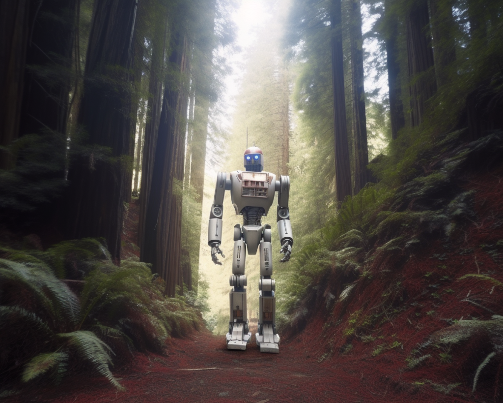 a robot standing in the middle of a forest.
