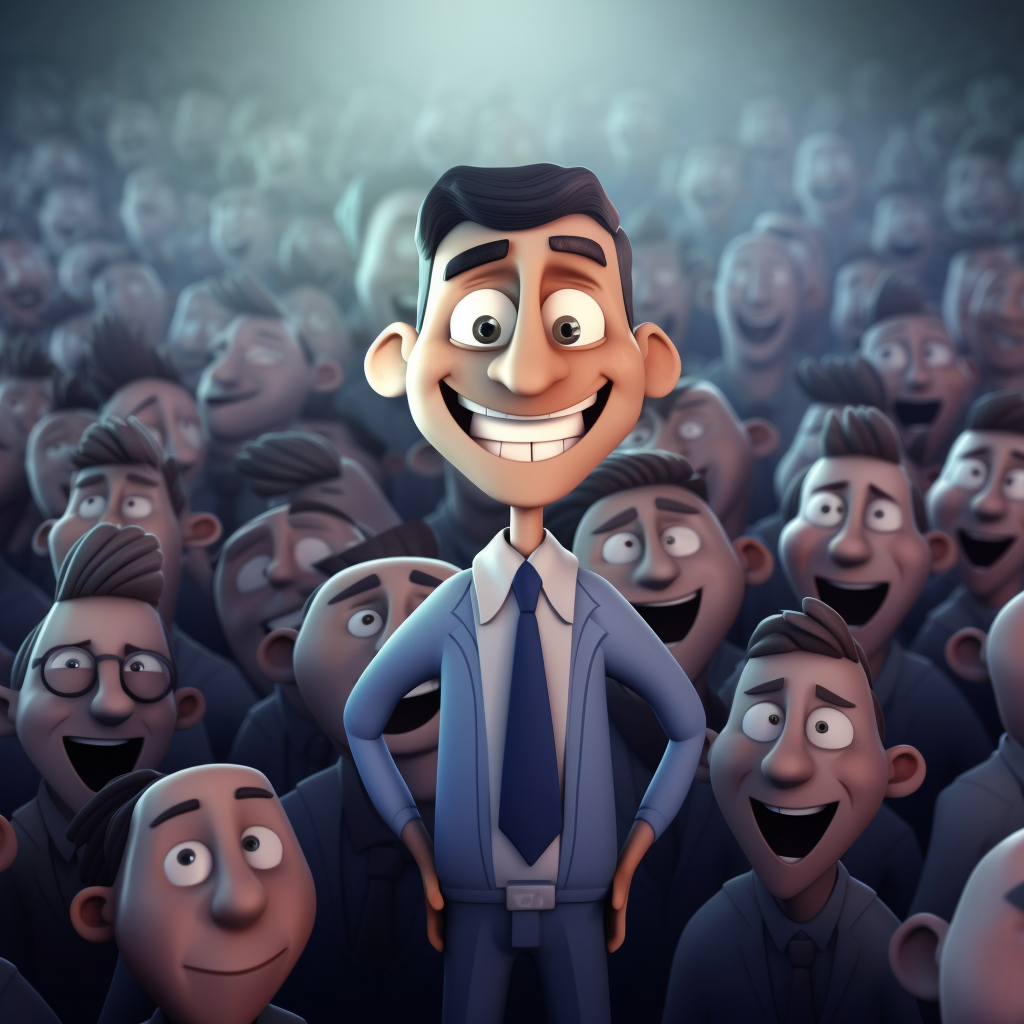 cartoon in pixar style of a young attractive business man, standing out amongst the crowd, beaming with joy