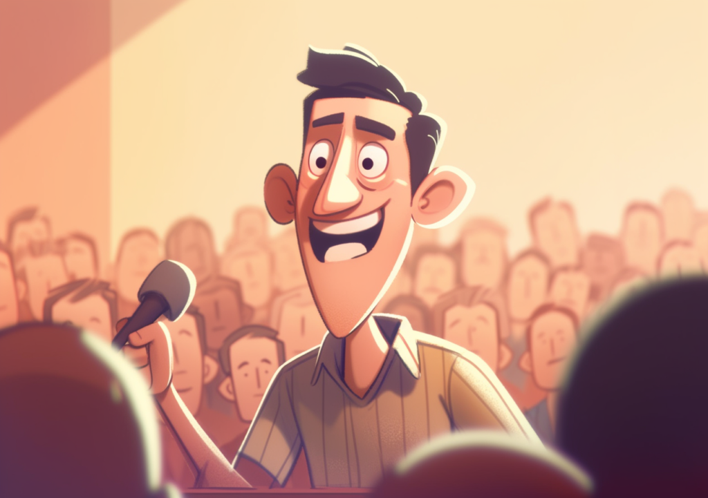 a cute cartoon scene of a man giving a speech at a conference of marketers. Everyone excited and smiling listening to a great speech. Pixar style