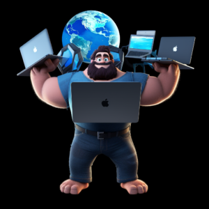 a cartoon character holding a laptop and a mouse.