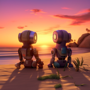 a couple of robots sitting on top of a sandy beach.