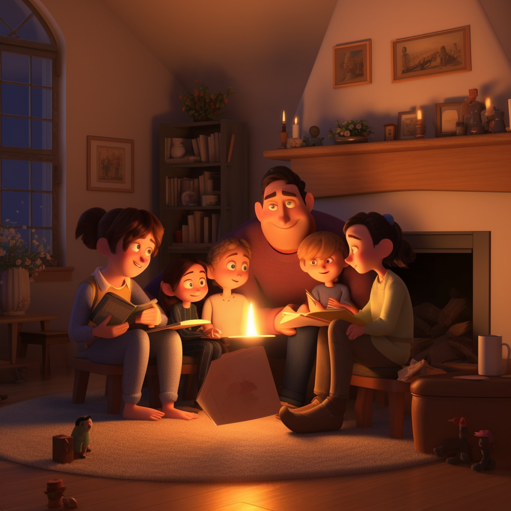 a family sitting around a lit candle in a living room.