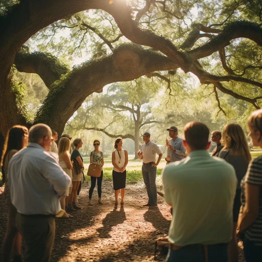 A group of people standing under a large oak tree.