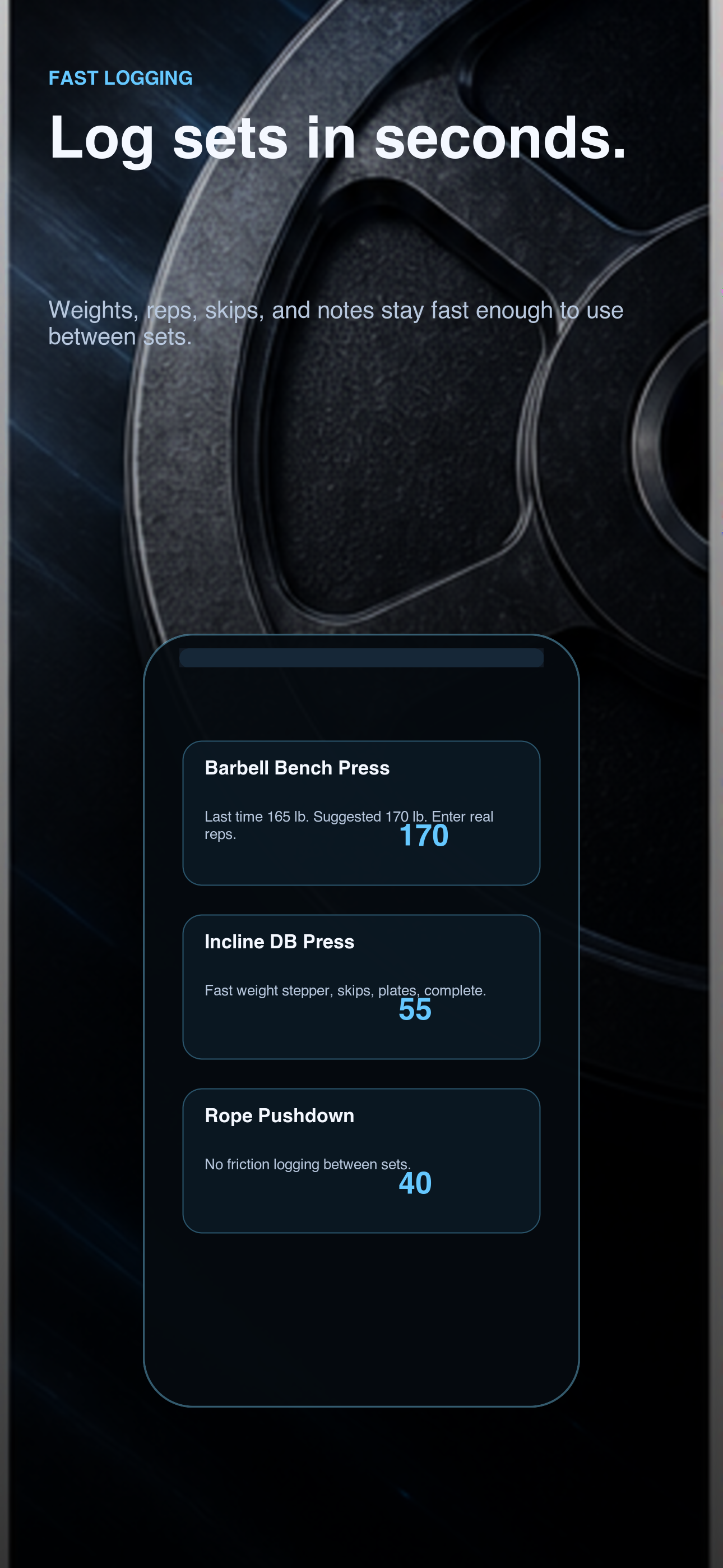 Your Training Bud workout logging screen with set controls